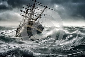 Ship Listing Dangerously In Fierce Storm. Generative AI