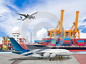 Ship loading container with freight cargo plane in port for logistic import export concept