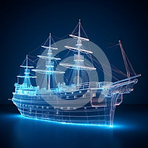 Ship made from mesh, blue neon light outline