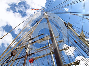 Ship masts beneath blue sky metaphor for smooth sailing