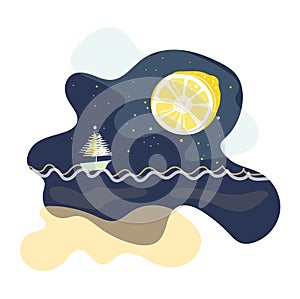 ship in the middle of the sea.night sea with lemon instead of moon