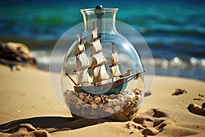a ship model in a bottle on a sandy beach with real shells around it