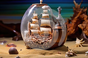 a ship model in a bottle on a sandy beach with real shells around it