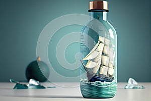 ship model floating in serene blue water bottle