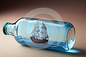 ship model floating in serene blue water bottle