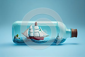 ship model floating in serene blue water bottle