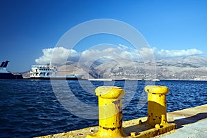 Ship mooring bollards in the port of the city of Lixouri on the island of Kefalonia