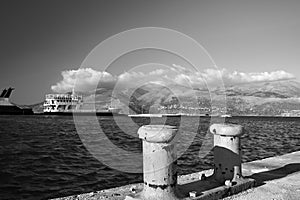 Ship mooring bollards in the port of the city of Lixouri on the island of Kefalonia