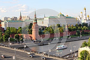 Ship on Moskva river, Vodovzvodnaya Tower of Kremlin photo