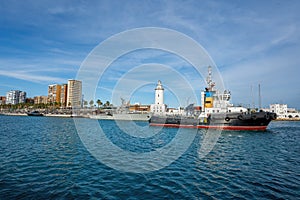 Ship at Muelle Uno with Malaga Lighthouse - Malaga, Andalusia, Spain