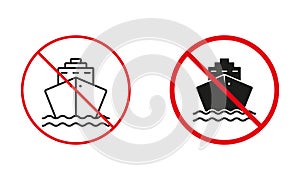 Ship Not Allowed Road Sign. Cruise, Cargo, Boat, Container Circle Forbidden Symbol Set. Sea Transport Prohibit Traffic