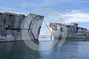 Ship number seven and ship number six in the Powell River floating breakwater in British Columbia