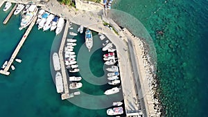 Ship in Old Town port in Antalya, aerial view