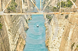 Ship passing through Corinth Canal in Greece