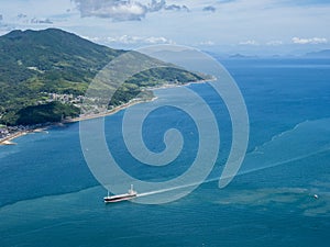 Ship passing through Obatakeseto Strait, scenic view from Iinoyama viewpoint on Suo-Oshima Island