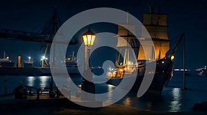 Ship and the port, night view cityscape with light AI generated image