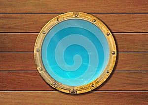 Ship porthole with underwater view photo