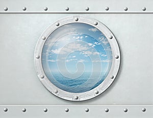 Ship porthole or window with sea and horizon 3d illustration