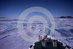 A ship pushes into the fast ice, Antarctica