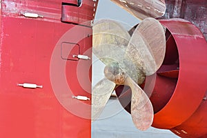 Propeller Close up and Repair Cargo ship in floating dry dock.