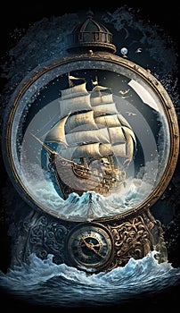 ship on a roiling ocean in the crystal ball