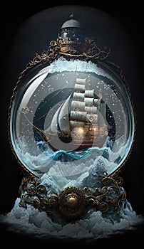 ship on a roiling ocean in the crystal ball