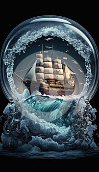 ship on a roiling ocean in the crystal ball