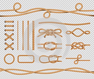 Ship rope elements. Realistic marine loops and knots. Nautical ropes. Vector isolated set on transparent background