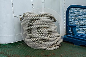 Ship rough rope roll on deck of vessel