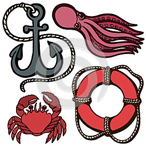 Ship s anchor, lifebuoy and marine animals. Marine set. Isolation objects. Vector illustrations