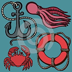 Ship s anchor, lifebuoy and marine animals. Marine set. Isolation objects. Vector illustrations