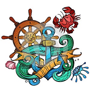 The ship`s anchor, steering wheel and crab tattoo. Illustration for design t-shirts and other items