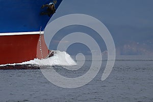 Ship`s bow closeup. Ship moving in sea.