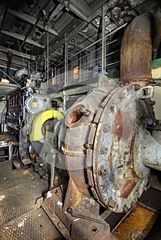 The ship's hold with diesel engine mounted on ship