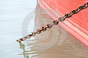 Ship`s hull painted with load chain line ,Red Ship Detail With big chain