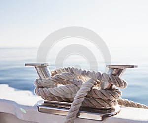 Ship`s ropes on the yacht in Ligurian Sea, Italy. Close-up