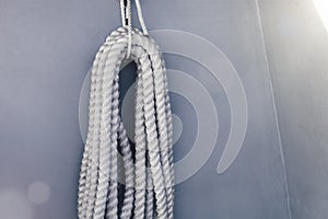 Ship`s ropes on the yacht in Ligurian Sea, Italy. Close Up