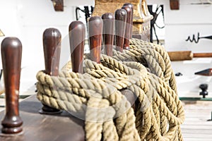 Ship's tackle on the deck of battle ship - ropes - military historical vessel