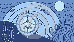 Ship's wheel in abstract ocean, steering through currents of time and fate, vector design Generative AI