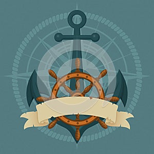 Ship`s wheel, anchor and vintage ribbon with rose of the wind and rope silhouettes. Naval vector illustration.