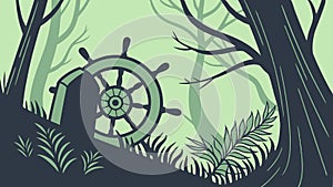 Ship's Wheel in Enigmatic Forest Setting, vector design Generative AI