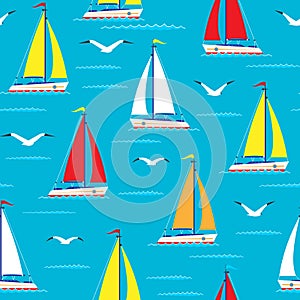 Ship sailing boat sea seamless pattern vessel travel vector sailboats marine background.