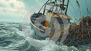 The ship is sailing goes on the water on which lie nets with crabs crab fishing. Generated AI