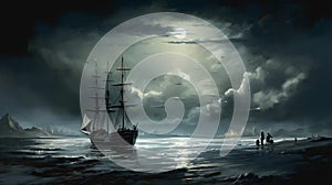 Night Ship Illustration In The Style Of Brian Mashburn And Sergey Musin photo
