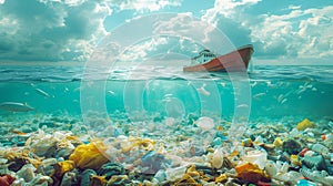 Ship sailing over an ocean filled with plastic waste