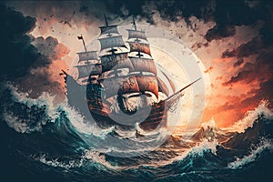 ship sailing in a storm and fighting with huge waves against backdrop of sunset on sea