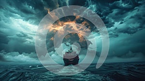 Ship sailing under dramatic stormy clouds