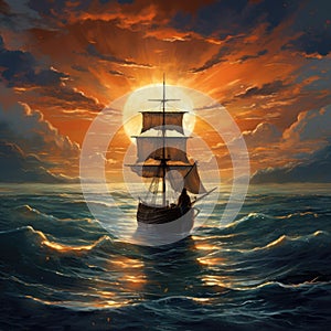 A ship sailing on the waves of the sea. Night, evening sunset glow. The picture is drawn