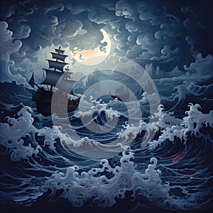 Navy Rococo Seascape Abstract: Unique Yokai Illustrations By Peter Smeeth photo