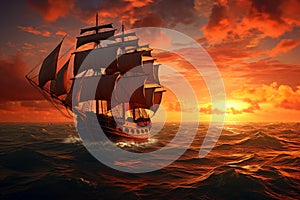 Ship sails ocean sunset. Generate Ai
